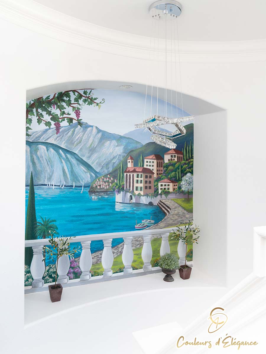 An archway painted to look like a balcony looking out over a bay.