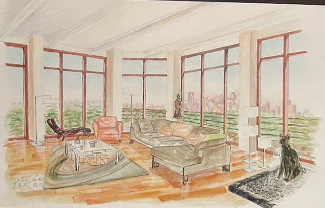 A hand drawn sketch of a living space.